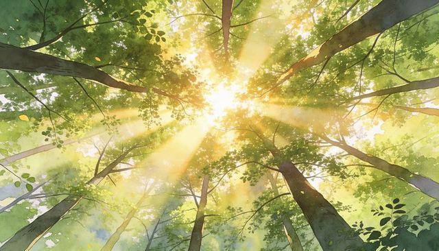 Sunburst bursting through tree canopy, casting golden sunbeams over watercolor forest