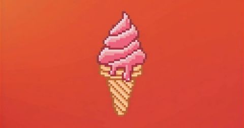 Pixel-art pink ice cream cone on vibrant red background