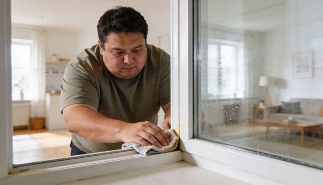 Man wiping window frame with cloth in bright living room, home cleaning