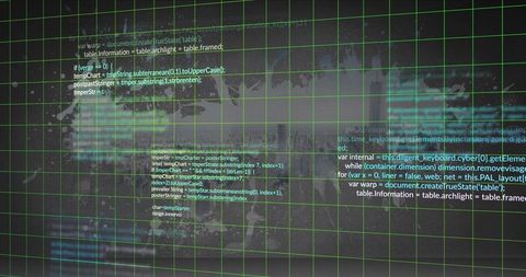 Spreading neon green grid overlaying floating code panels on cyberpunk HUD backdrop