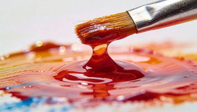 Round brush lifting glossy red-orange paint droplet on white palette macro closeup