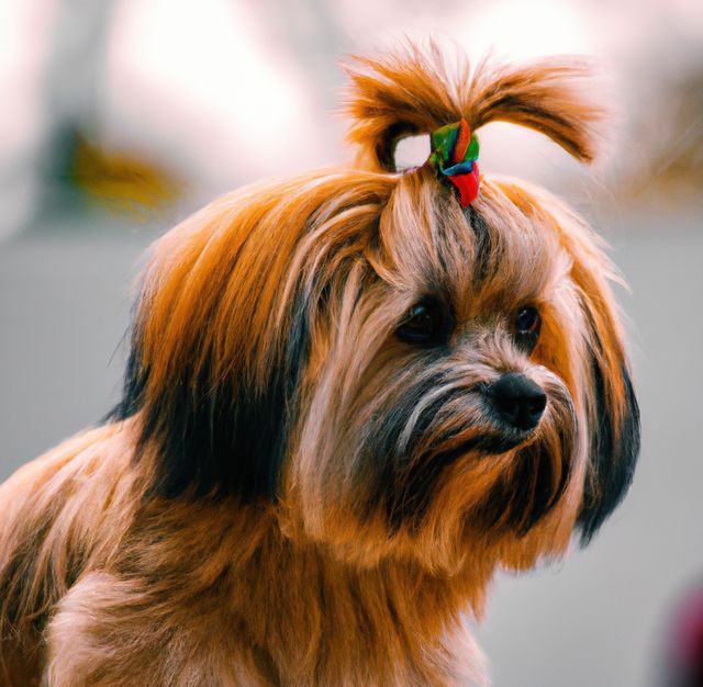 A Shih Tzu with a top knot hairstyle seen outdoors. Perfect for pet care advertising, social media pet posts, or animal lovers' profiles. Highlights the adorableness and groomed appearance of the dog, making it ideal for use in pet grooming promotions, pet-friendly products, or veterinary services.