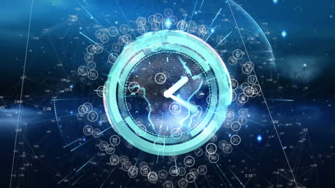 Digital Clock Animation Overlaid on Global Network
