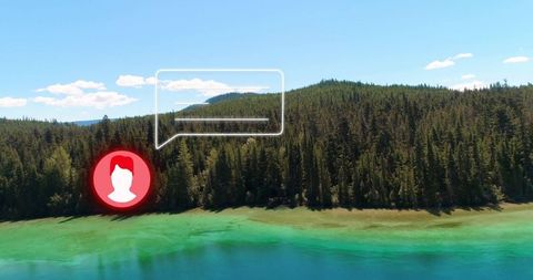 Red avatar icon over transparent natural lakeside background