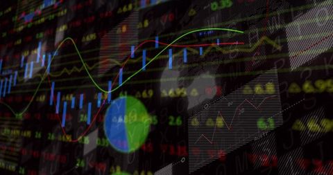 Neon financial dashboard displaying candlestick charts, trend lines and live market tickers