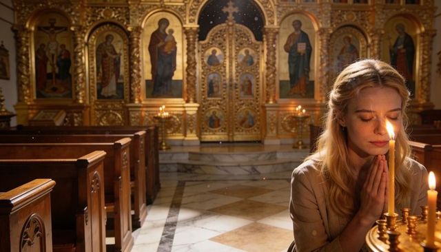 Young woman praying by candlelight in orthodox church with gold iconostasis