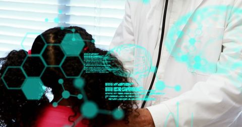 Doctor examining child with digital data overlay