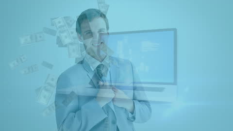 Businessman Smiling with Dollar Bills and Digital Graphics