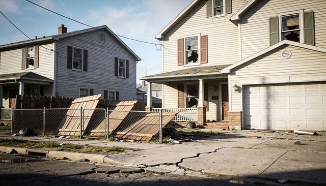 Suburban damaged houses with shattered windows, collapsed fence and cracked concrete street