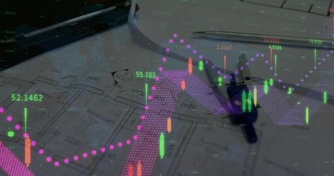 Architectural Blueprint Overlayed with Financial Data Analysis