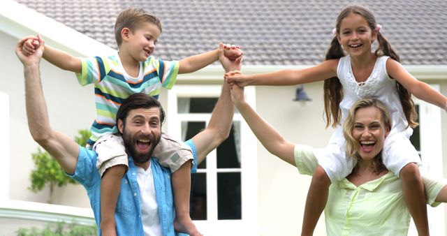 Caucasian Family Bonding Outdoors with Children on Shoulders - Download Free Stock Images Pikwizard.com