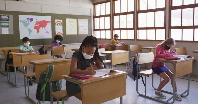 Children Practicing Social Distancing in Classroom with Masks - Download Free Stock Images Pikwizard.com