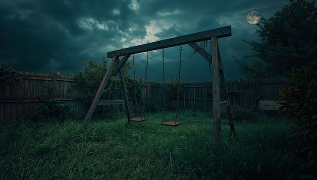 Eerie Overgrown Backyard with Swing Under Moonlit Sky