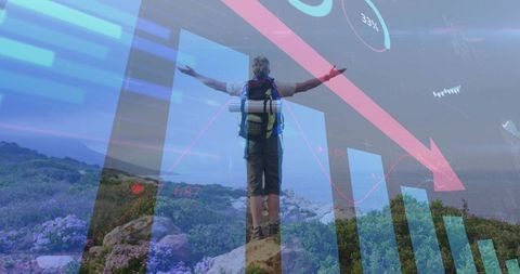 Backpacker standing arms outstretched facing descending market bars over coastal landscape