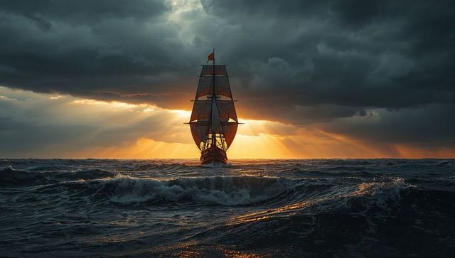 Sailing ship navigating stormy seas under dramatic sunlight