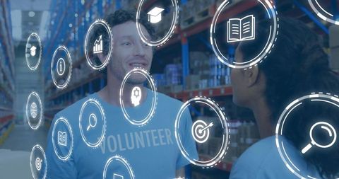 Volunteer warehouse team directing with AR HUD icons for logistics inventory fulfillment