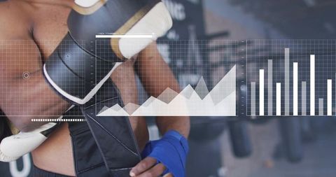 Boxer securing hand wraps with fitness data overlay showing training analytics