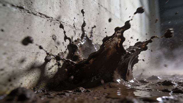 High-impact mud splash colliding with concrete wall in urban alley, suspended droplets