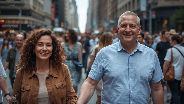 Smiling Couple Walking Hand in Hand Through Busy Downtown Street Casual Urban Lifestyle