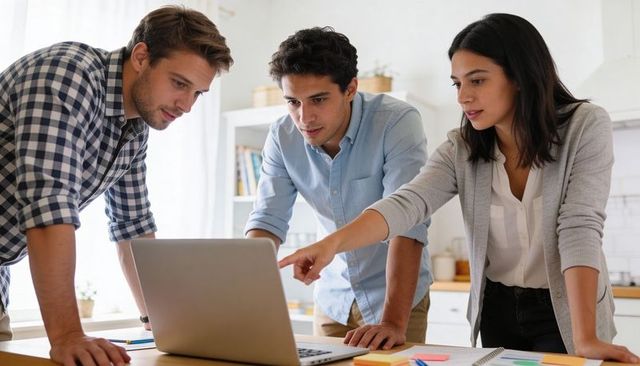 Young professionals collaborating on laptop at home workspace brainstorming strategy