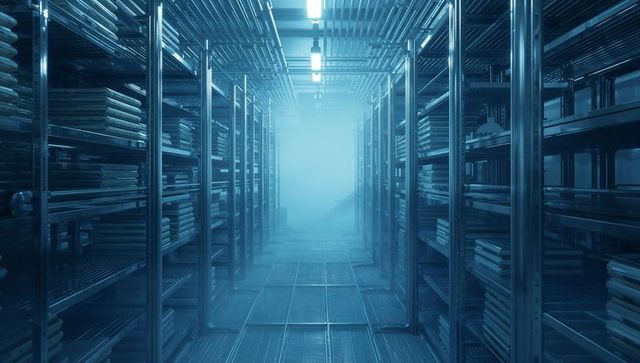 Futuristic Warehouse with Receding Mist and High-Tech Design