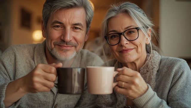Senior couple raising mugs and sharing warm coffee moment, smiling in knit sweaters