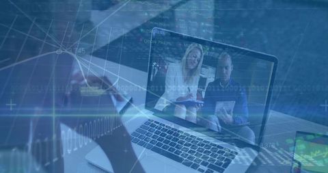 Remote Work Meeting with Digital Overlays on Laptop