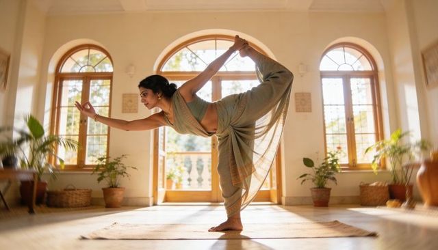 Sunlit sari yoga balancing natarajasana on one leg in serene arched-windowed wellness room