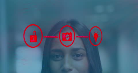 Technology Icons Overlay on Smiling Businesswoman's Face