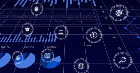 Futuristic Digital Analytics Dashboard with HUD Icons, Pie Charts, Line Graphs, Metrics