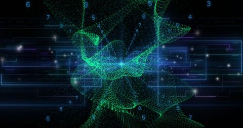 Digital data stream with light trails in cyber space interface