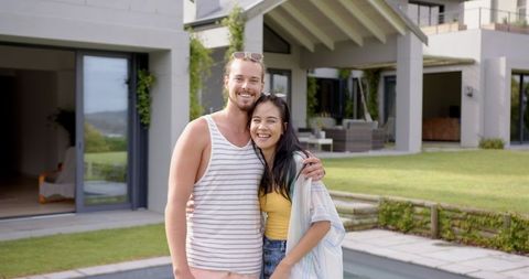 Happy Couple Embracing Outdoor Modern Home - Download Free Stock Images Pikwizard.com