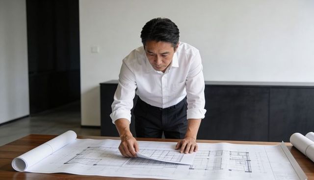 Architect Reviewing Blueprints on Table Planning Modern Office Building Design