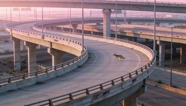 Lone coyote crossing empty curved freeway interchange at dawn with concrete overpasses