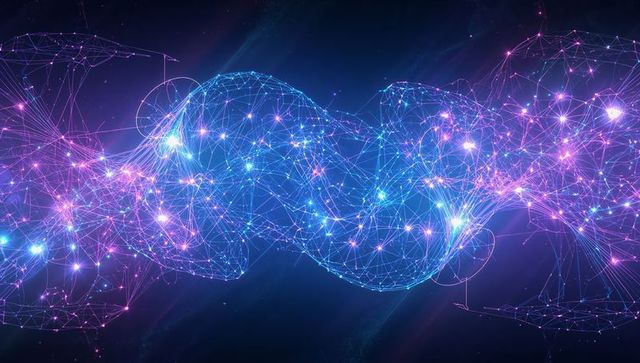 Glowing Twin Helix Data Stream Connecting Neural Mesh and Neon Particles in Virtual Space