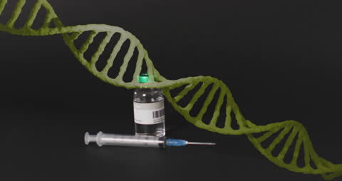 DNA Strand and Vaccine with Syringe on Black Background