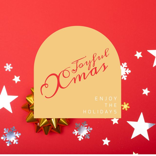 This festive image features joyful Xmas greetings on a decorative tag over a vibrant red background adorned with stars and a holiday gift bow. Perfect for creating Christmas cards, holiday promotions, festive social media posts, and seasonal marketing materials.