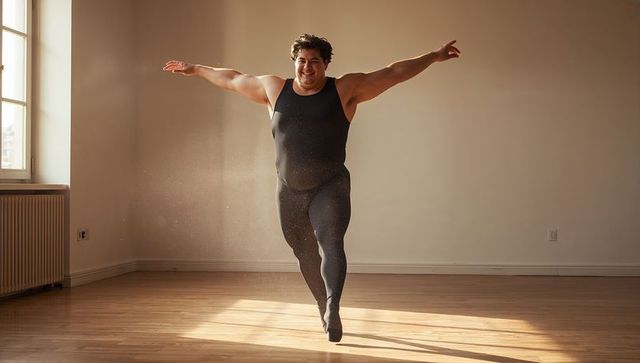 Male dancer leaping in sunlit loft wearing black tank and leggings