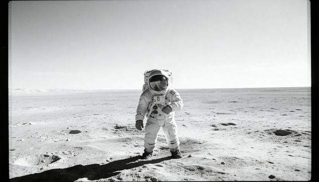 Astronaut Adjusting Chest Controls Standing on Barren Lunar Surface with Wide Horizon