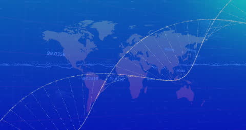 Spinning DNA Strand Over Global Map with Data Points