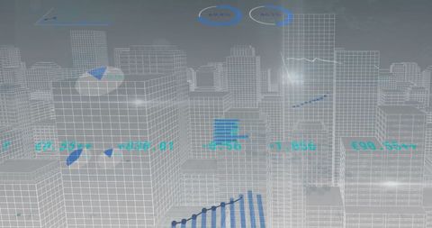 Futuristic Financial Data Hologram Over Cityscape