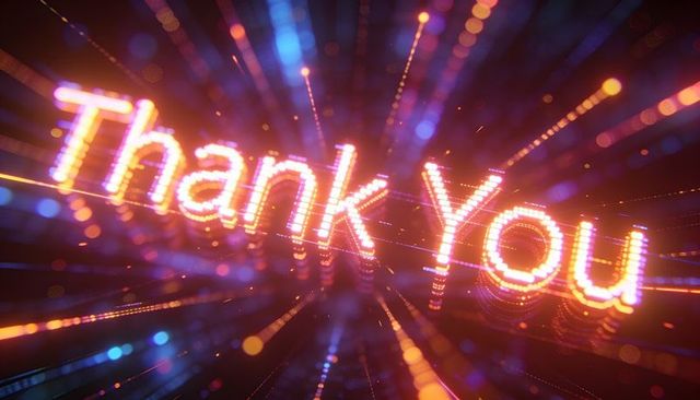 Glowing thank you led-dot message radiating neon light streaks and bokeh sparks