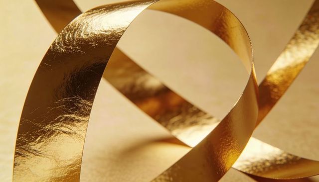 Looping Metallic Gold Ribbon Curving Across Minimalist Tabletop With Glossy Foil Texture