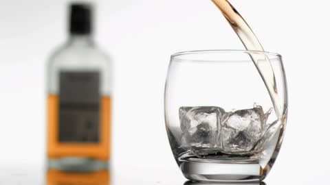 Pouring Whiskey into Glass with Ice Cubes Slow Motion