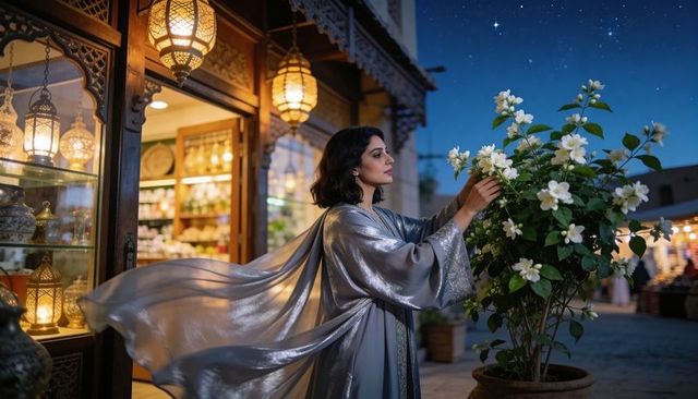 Woman in silver robe admiring white blossoms at lantern-lit night market
