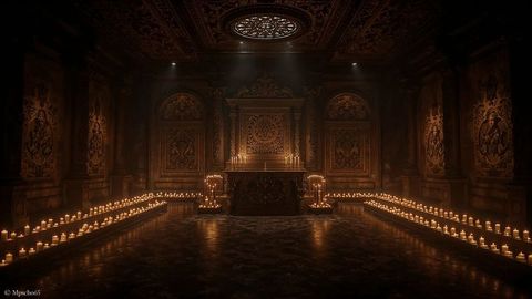 Masonic gothic chapel with glowing altar and intricate relief panels