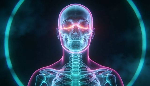 Neon glowing human skull and cervical spine with teal halo and orange eye flare