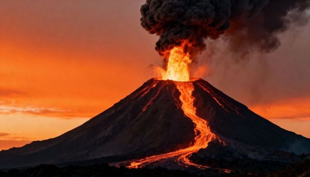 Erupting stratovolcano ejecting molten lava fountain and glowing flows against sunset