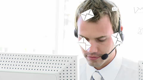 Businessman using Phone Headset with Digital Communication Icons