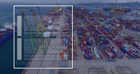 Aerial cargo port showing hud overlay for container logistics tracking and operations
